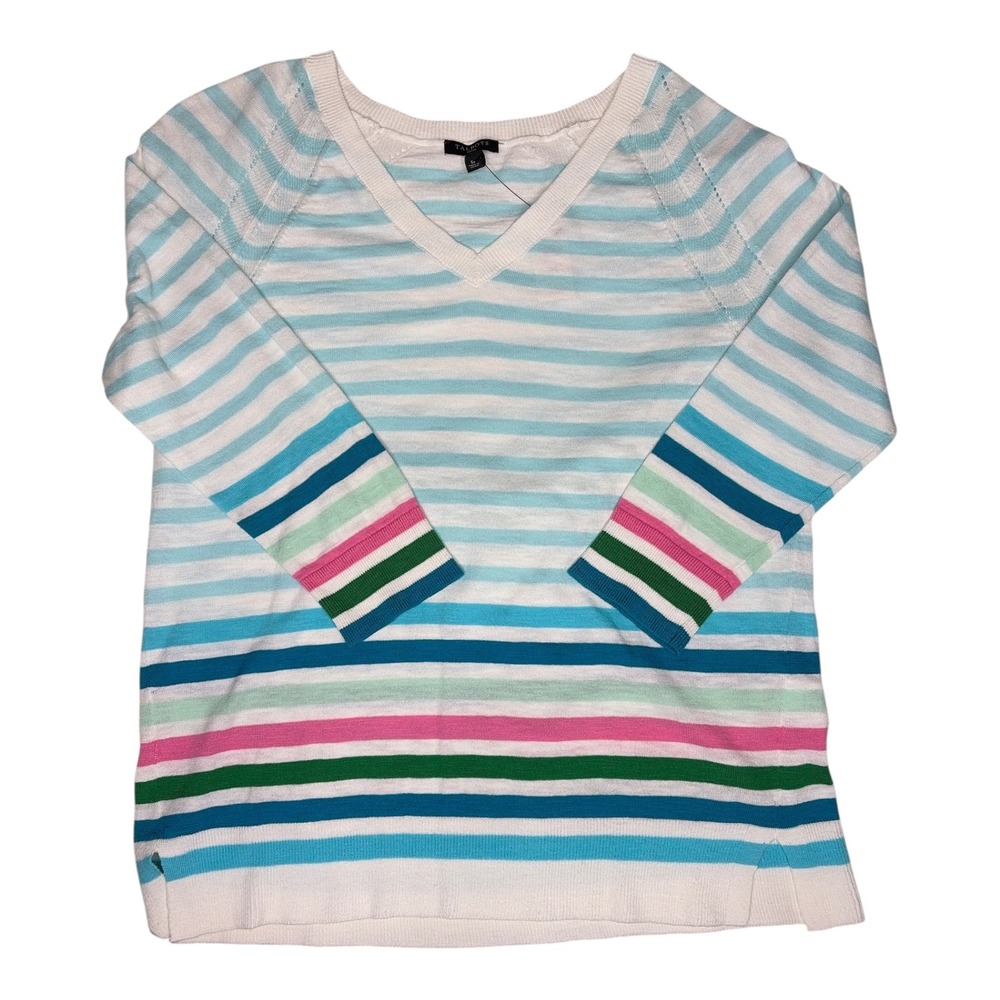 Talbots Petite V-Neck Striped Cotton Sweater White Blue Pink Green SP NWT